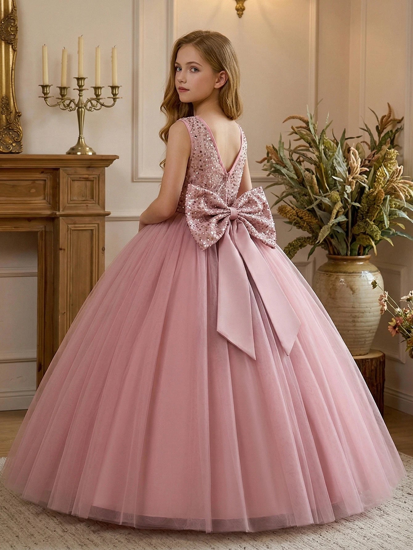 Girl Party Dress Pink Long-style Evening Dress with Large Bow V-neck A Magnificent Evening Dress, Birthday Party, Ball, Banquet
