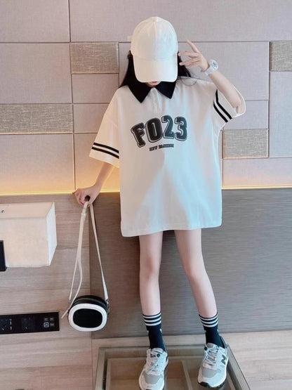 2026 Girls Summer Short Sleeve Polo Style Shirt Loose Fit Cotton Casual Top for Big Kids Trendy Cute Fashion Tee New Arrival