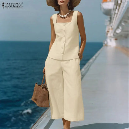 ZANZEA Women's Casual Pant Suits Wide Leg Cropped Pant & Sleeveless Tops 2 Pieces Sets SummerDaily Commute Solid Color Outfits