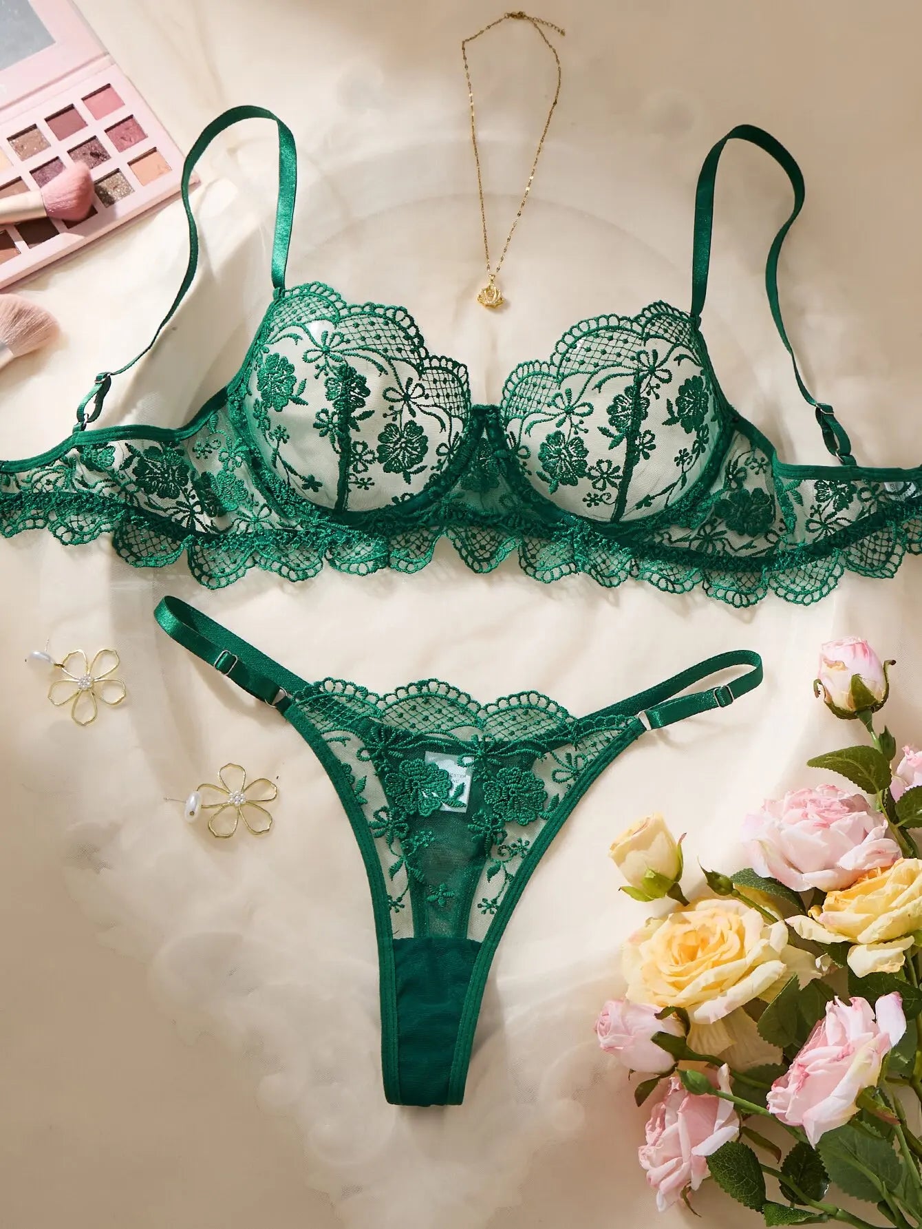 Sexy Dark Green Floral Lace Lingerie Set Sheer Mesh Longline Underwire Bra Adjustable Panty See Through Underwear