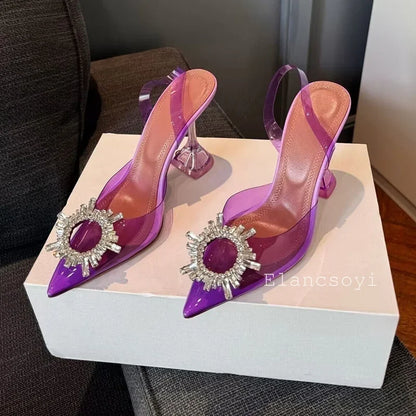 Summer Crystal Flower High Heels Women Transparent PVC Cup Heels Sandals Pointed Toe Back Strap Sandalias Sexy Party Dress Shoes