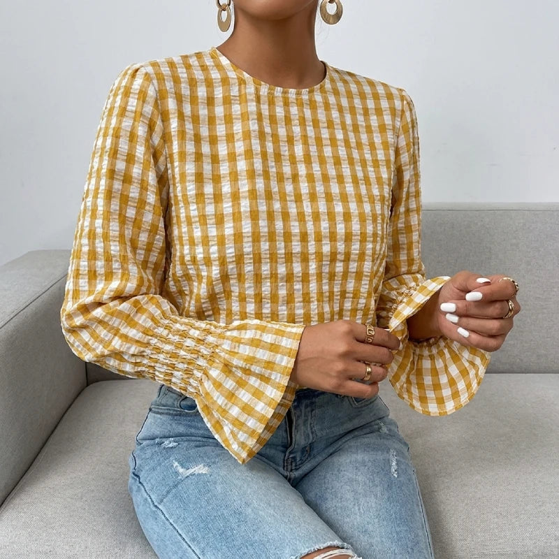 ZANZEA Women's Stylish Gingham Blouses Casual O-Neck Long Sleeve Shirred Cuffs Loose Tops Everyday Wear Going-Out Blusas Mujer 7