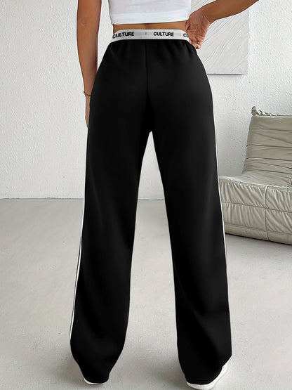 Side Stripe Wide Leg Sweatpants - "CULTURE" Print Waistband Casual Pants for Women