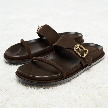 Gold Metal Buckle Decorated Flat Sandals Women Summer Soft Soles Comfortable Platform Slippers for Ladies Designer Beach Shoes