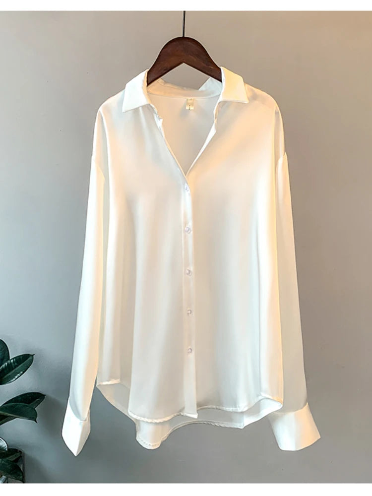 Gadinus Women Solid Color Long Sleeve Button Up Shirt Loose Fit Curved Hem Casual Blouse Top