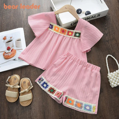 Bear Leader Version Kids Clothes Girls Summer Pink Sleeveless Printed Square Neck Top+Shorts Korean Fashion Casual 2-piece Set