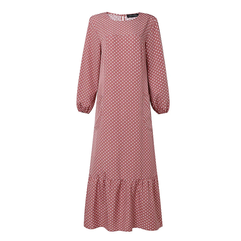 ZANZEA Casual Polka Dots Printed Women Muslim Abaya Dress O Neck Long Sleeve Sundress Dubai Robe Kaftan Bohemian Maxi Dresses