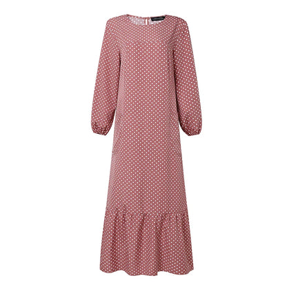 ZANZEA Casual Polka Dots Printed Women Muslim Abaya Dress O Neck Long Sleeve Sundress Dubai Robe Kaftan Bohemian Maxi Dresses