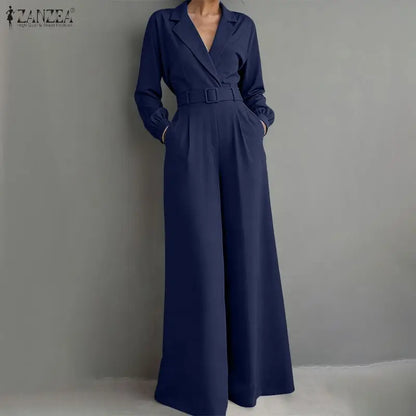 ZANZEA Women's Minimalist Jumpsuits Summer Lapel Neck Long Sleeve Belted Wide Leg Pant Overalls Elegant Office Work Playsuits