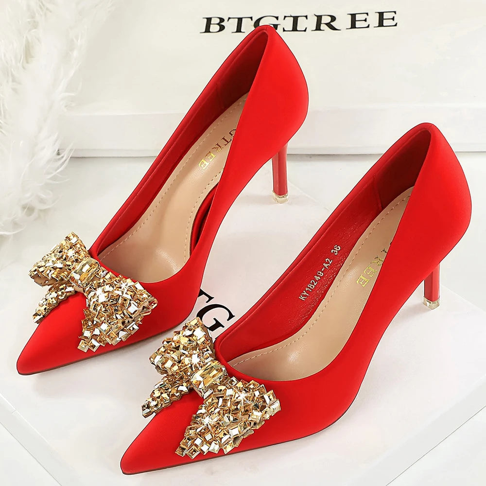 Women 7.5 cm 10.5 cm Heels Rhinestone Bow Women Pumps Silks Satins High Heels Stiletto Luxury Banquet Shoes Large Size 42 43