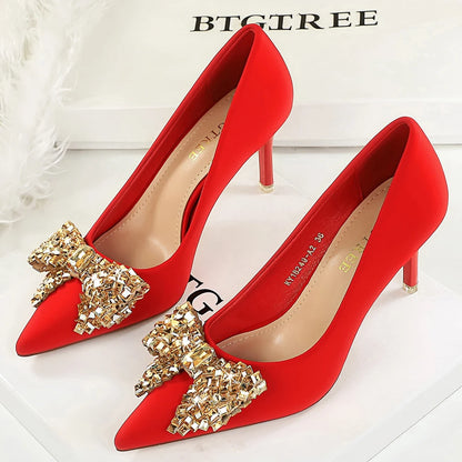 Women 7.5 cm 10.5 cm Heels Rhinestone Bow Women Pumps Silks Satins High Heels Stiletto Luxury Banquet Shoes Large Size 42 43