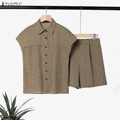 ZANZEA Women Gingham 2 Piece Matching Sets Summer Cap Sleeves Shirts & Elastic Waist Shorts 2pcs Suits Casual Short Sets Outfits