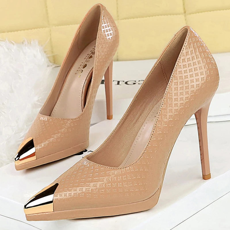 BIGTREE Shoes Embossed Patent Leather Women Pumps Metal Pointed Tip High Heels Sexy Party Shoes Stilettos 11.5 Cm Heels Platform