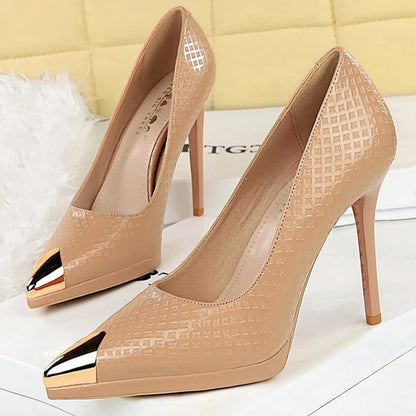BIGTREE Shoes Embossed Patent Leather Women Pumps Metal Pointed Tip High Heels Sexy Party Shoes Stilettos 11.5 Cm Heels Platform