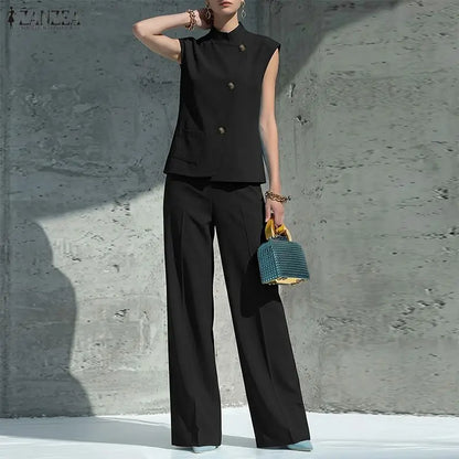 ZANZEA Summer Outfits Sleeveless Stand Neck Blouse Wide Leg Pant Sets Stylish Women 2 Pieces Sets Solid Color OL Work Tracksuit