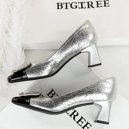 BIGTREE Fashion Metal Crystal Splice Women Pumps Kitten Heels Luxury Thick Heel Elegant Party Ladies Shoes Zapatos De Mujer