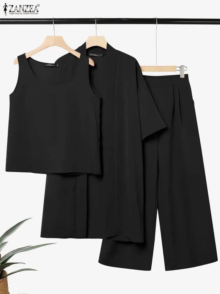 ZANZEA Feamle Cardigan Sleeveless Tanks Tops With Pants Stylish Women 3 Pieces Sets Casual Holiday Outfits Solid Color Tracksuit