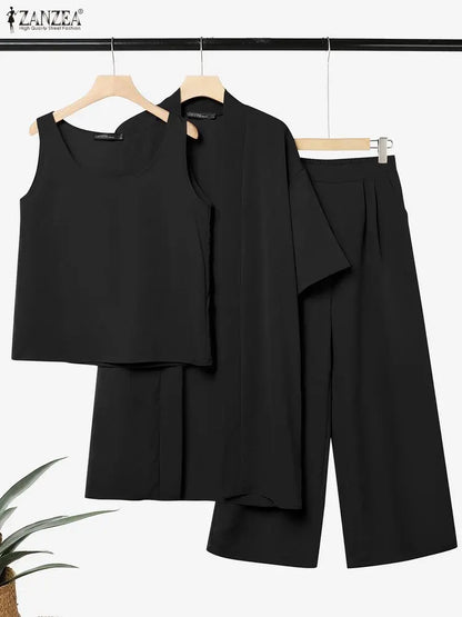 ZANZEA Feamle Cardigan Sleeveless Tanks Tops With Pants Stylish Women 3 Pieces Sets Casual Holiday Outfits Solid Color Tracksuit