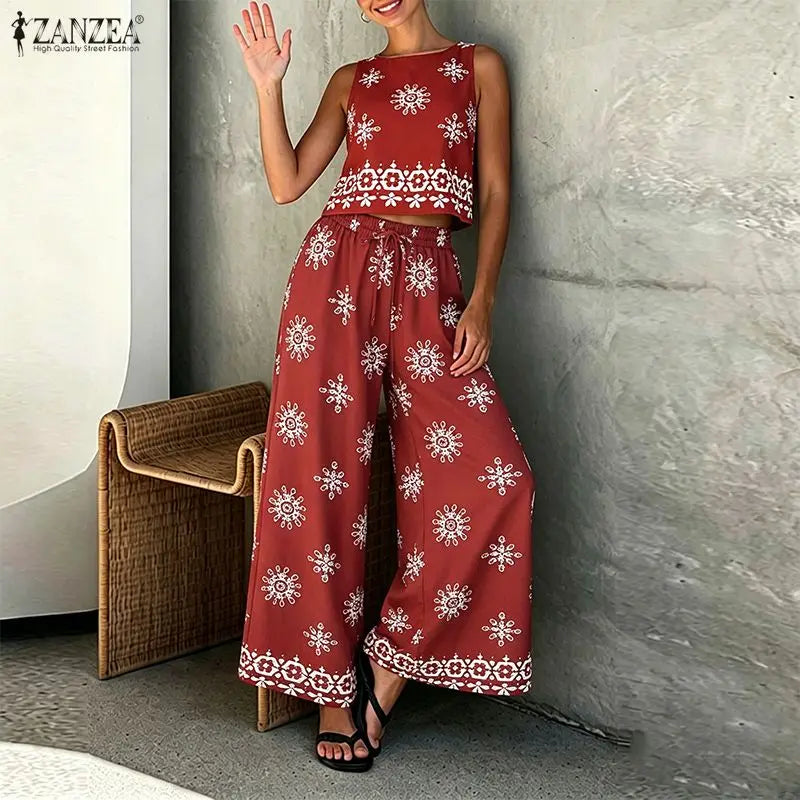 ZANZEA Fashion Summer Sleeveless Tanks Tops Pant Sets Stylish Women Matching Sets Bohemain Printed Tracksuit 2PCS Holiday Outfit