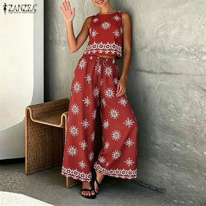 ZANZEA Fashion Summer Sleeveless Tanks Tops Pant Sets Stylish Women Matching Sets Bohemain Printed Tracksuit 2PCS Holiday Outfit