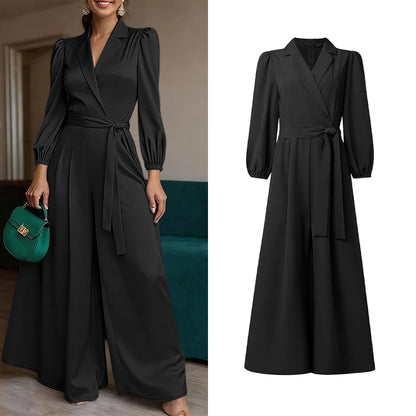 ZANZEA Women's Elegant Chic Jumpsuits Office Lady Lapel Neck Long Sleeve Tie-Waist Wide Leg Pant Overalls Solid Color Playsuits