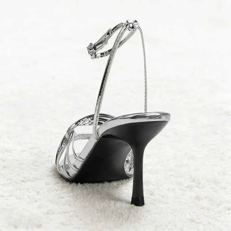 Silver Ankle Strap High Heel Sandals Women Sexy Open Toe Stiletto High Heels for Ladies Summer Elegant Party Dress Designer Shoe