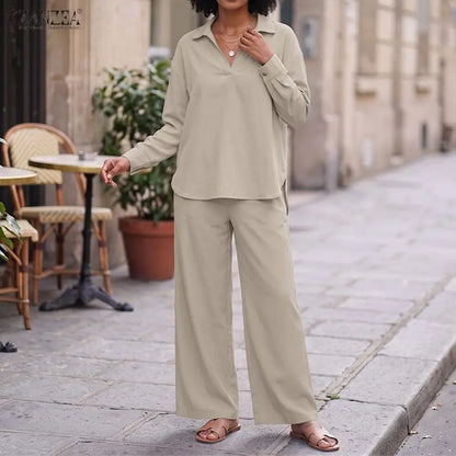 ZANZEA Autumn Outfits Two Piece Sets Women Casual V Neck Long Sleeve Tops With Wide Leg Pants Suits Elegant Solid OL Tracksuit