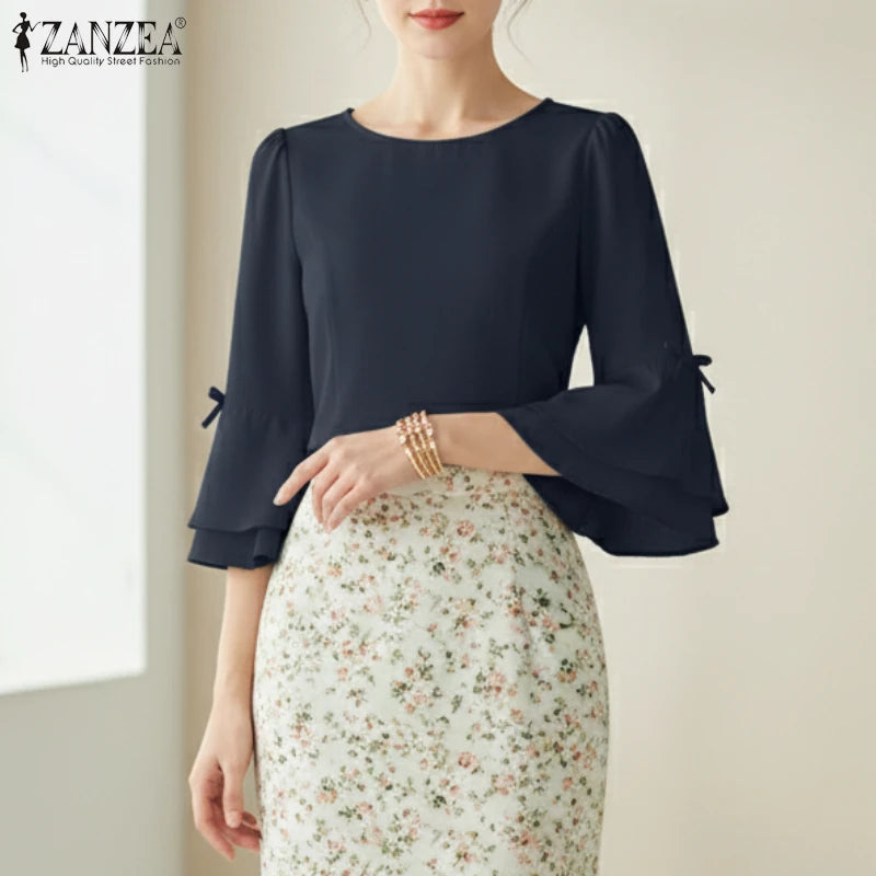ZANZEA Elegant Woman Princess Seam Short Blouses O-Neck Bow Details 3/4 Flared Sleeves Tops Summer Solid Color Blusas de Mujer