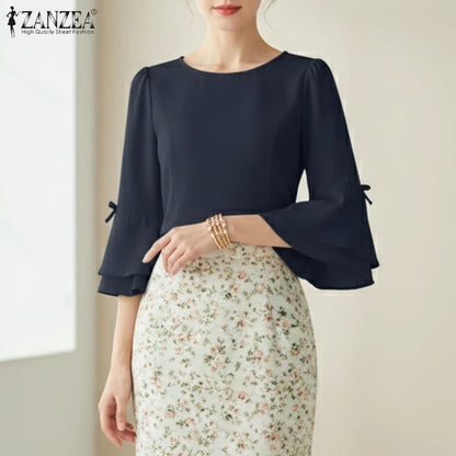 ZANZEA Elegant Woman Princess Seam Short Blouses O-Neck Bow Details 3/4 Flared Sleeves Tops Summer Solid Color Blusas de Mujer