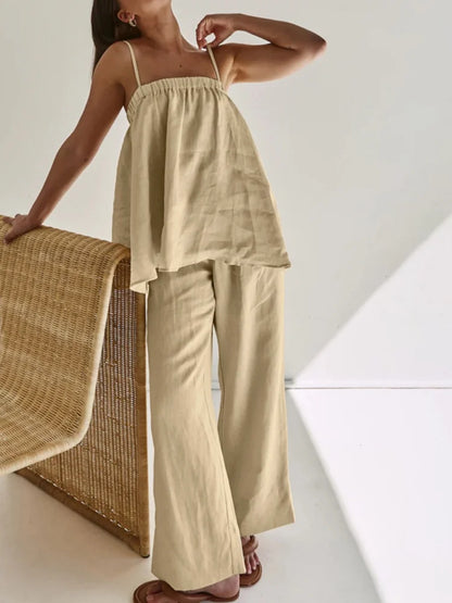 Women Linen Two Piece Set Spaghetti Strap Loose Cami Top Wide Leg Pants Summer Casual Vacation Outfit Matching Suit