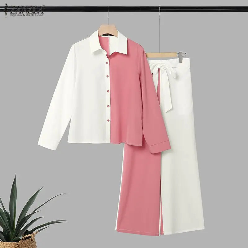 ZANZEA Fashion Women Matching Sets Autumn Chic Color-Blocking Office Outfits Long Sleeve Shirt Belted Wide Leg Pant Sets 2 Piece