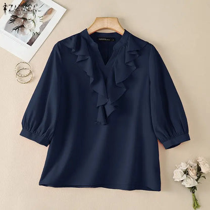 ZANZEA Women Ruffles Blouses Summer 3/4 Sleeve Tops Solid Color Fashion Tee V Neck Blusas Streetwear OL Work Tunic Female