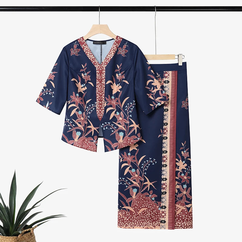 ZANZEA Elegant Women Dress Sets Ethnic Print V Neck Half Sleeve Blouse Sheath Maxi Long Skirt Suit Stylish Work Outfits 2 Pieces