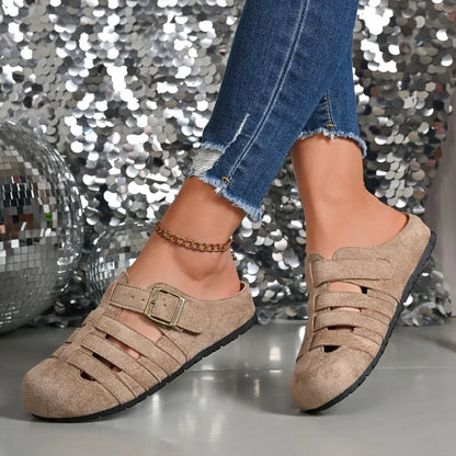 Women Summer Mules Suede Fisherman Shoes Closed Toe Buckle Cut-out Flat Casual Footwear Soft Sole Comfortable Slip-on