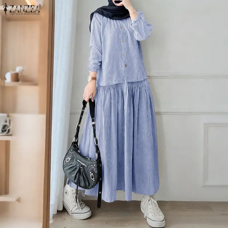ZANZEA Women's Loose Striped Skirt Suits Long Sleeve Shirt & A-Line Long Skirt 2 Pieces Sets Female Muslim Fashion Casual Outfit