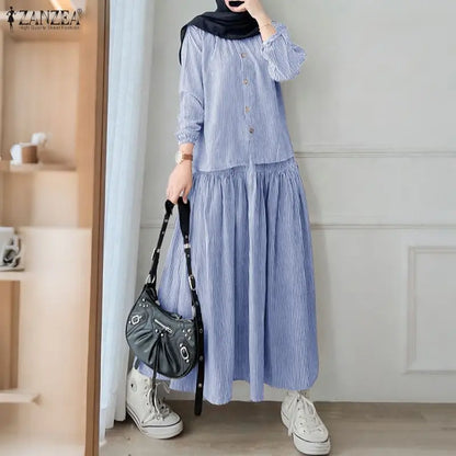 ZANZEA Women's Loose Striped Skirt Suits Long Sleeve Shirt & A-Line Long Skirt 2 Pieces Sets Female Muslim Fashion Casual Outfit