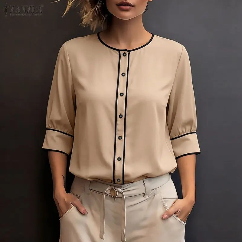 ZANZEA Women's Fashion Contrast-Trim Shirts 3/4 Sleeves O-Neck Button Up Casual Tops 2026 Summer Streetwear Chemises Femme