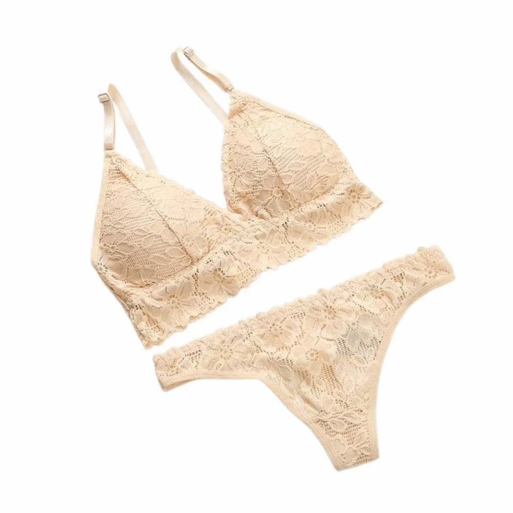 V Neck Lace Flower Bra Set Solid Color Thong Floral Panties Bra Kit Low Waist T-Back Lace Underwear Valentine's Day Gift