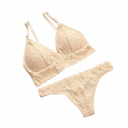 V Neck Lace Flower Bra Set Solid Color Thong Floral Panties Bra Kit Low Waist T-Back Lace Underwear Valentine's Day Gift