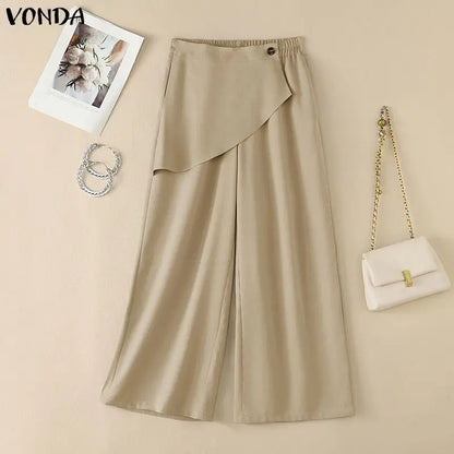 VONDA Streetwear Women Wide Leg Pants Asymmetrical Elastic Waist Trousers Casual Summer Holiday Solid Plus Size Pants Oversize