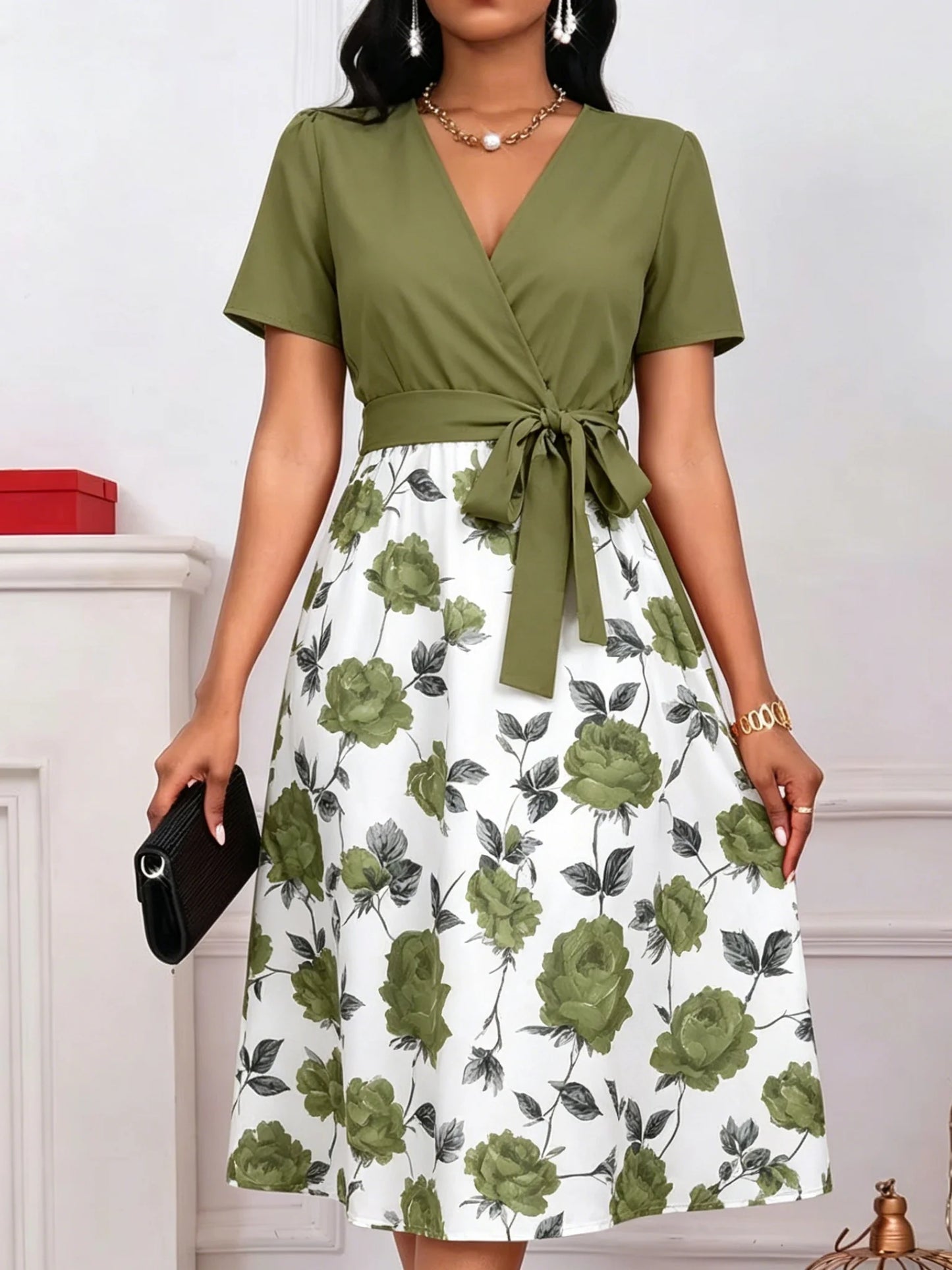 Women's Floral Print V-Neck Tie Waist Midi Dress - Rose Patchwork A-Line Short Sleeve Dress for Casual, Vacation & Wedding Guest