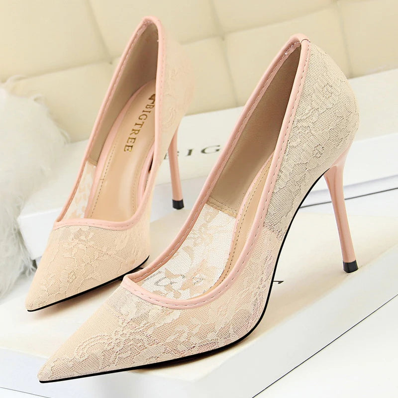 BIGTREE Shoes Mesh Hollow Lace Women Pumps Sexy Party Shoes High Heels Wedding Shoes Lace Stiletto Heels 9 cm Ladies Shoes 2026