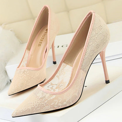 BIGTREE Shoes Mesh Hollow Lace Women Pumps Sexy Party Shoes High Heels Wedding Shoes Lace Stiletto Heels 9 cm Ladies Shoes 2026