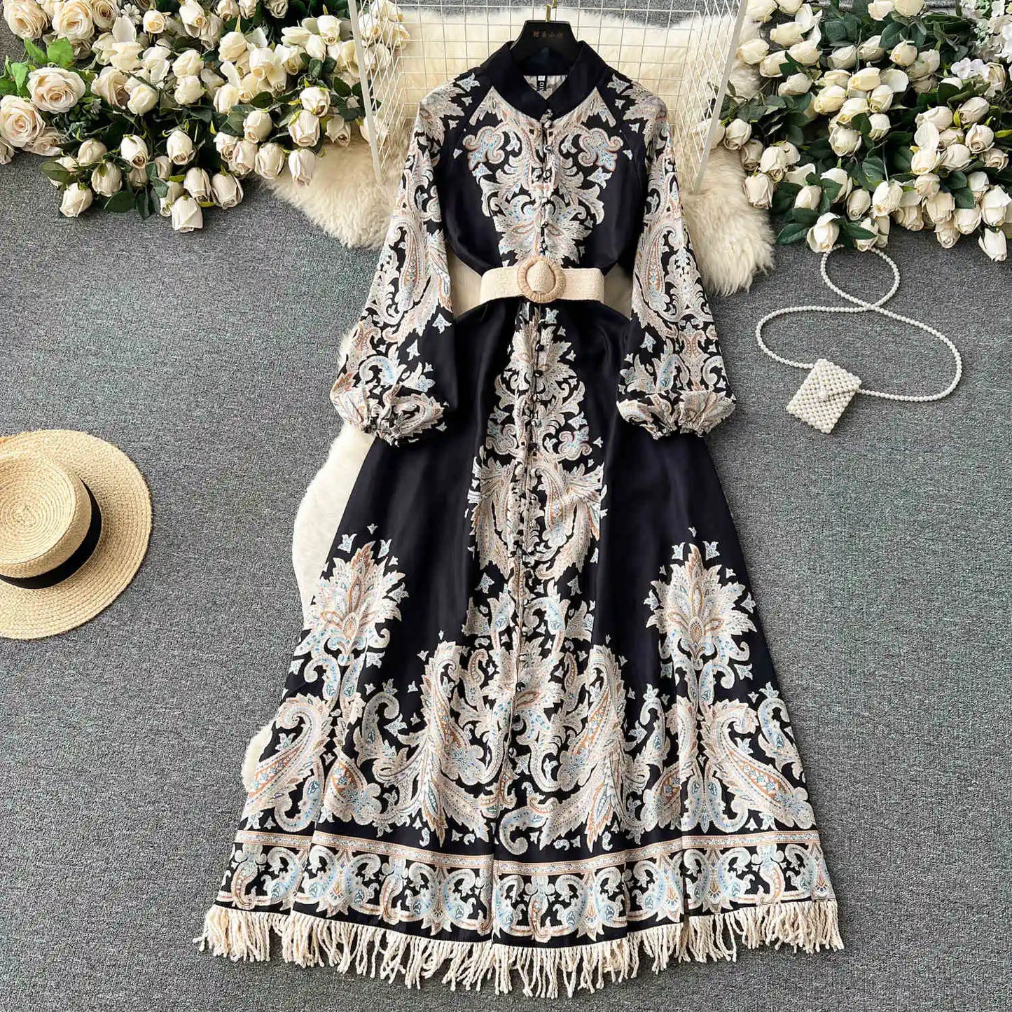 Spring Autumn Women's Dress Vintage Long Sleeve Print Floral High Waist Boho Party Maxi Vestidos Elegant Luxury Long Dresses