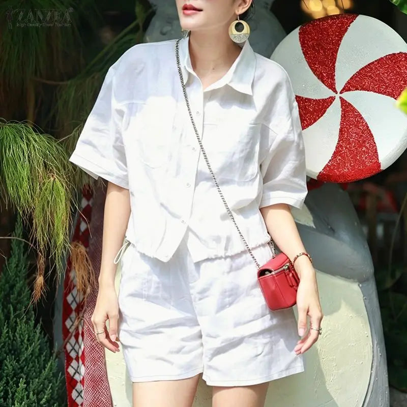 ZANZEA Women Minimalist 2-Piece Sets Casual Short Sleeve Shirts & Elastic Waist Shorts Matching Sets Summer Commute Work Co-ords