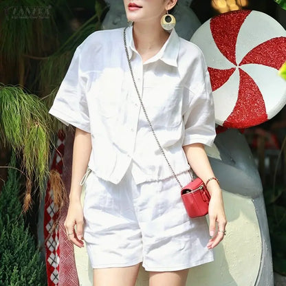 ZANZEA Women Minimalist 2-Piece Sets Casual Short Sleeve Shirts & Elastic Waist Shorts Matching Sets Summer Commute Work Co-ords