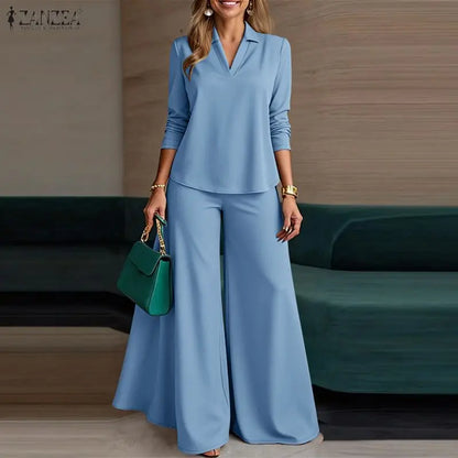 ZANZEA Fashion Women 2 Piece Pant Sets Minimalist V-Neck Long Sleeve Blouses and Wide Leg Pants Suits Commuting Woman Outfits