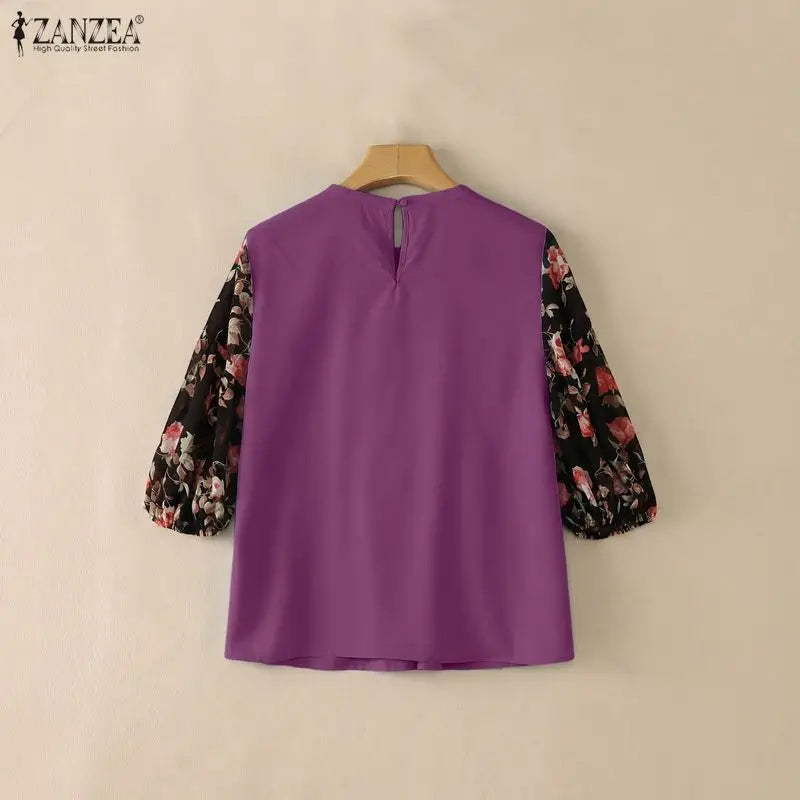 ZANZEA Women's Summer Elegant Blouses Floral Printed 3/4 Lantern Sleeve Patchwork Tops Feminine O-Neck Shirred Blusas de Mujer