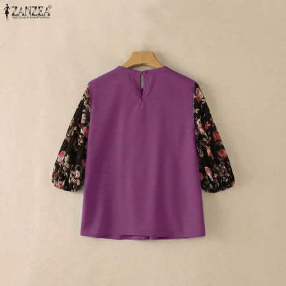 ZANZEA Women's Summer Elegant Blouses Floral Printed 3/4 Lantern Sleeve Patchwork Tops Feminine O-Neck Shirred Blusas de Mujer