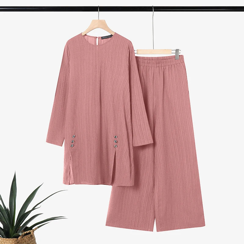 Ramadan Outfit 2026 ZANZEA Fashion Muslim Suit Women 2 Piece Sets Full Sleeve Long Tops Wide Leg Pant Sets Dubai Hijab Tracksuit